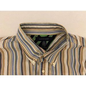 Tommy Hilfiger Mens Size XL Dress Shirt Two Button Collar Band Striped Gold